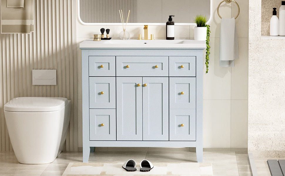 36 inch bathroom vanity with resin sink combination set with 6 drawers and 2 cabinets, storage cabinet vanity set, light blue