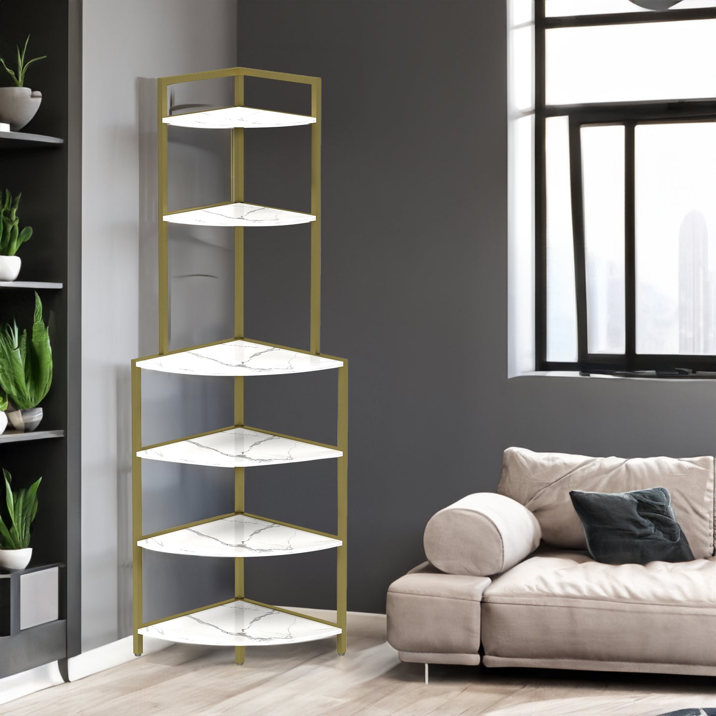 6-story corner open bookshelf, modern bookshelf, wooden frame, independent bookshelf unit,