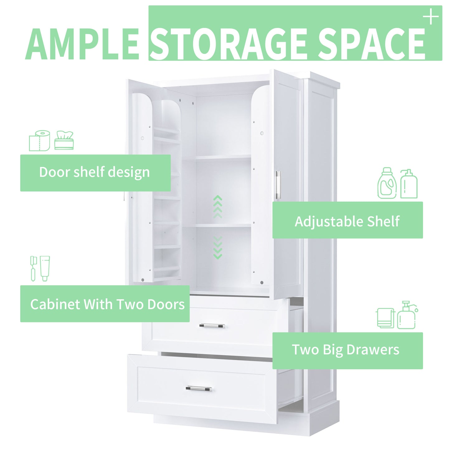 Tall Bathroom Storage Cabinet, Cabinet with Two Doors and Drawers, Adjustable Shelf, MDF Board, White