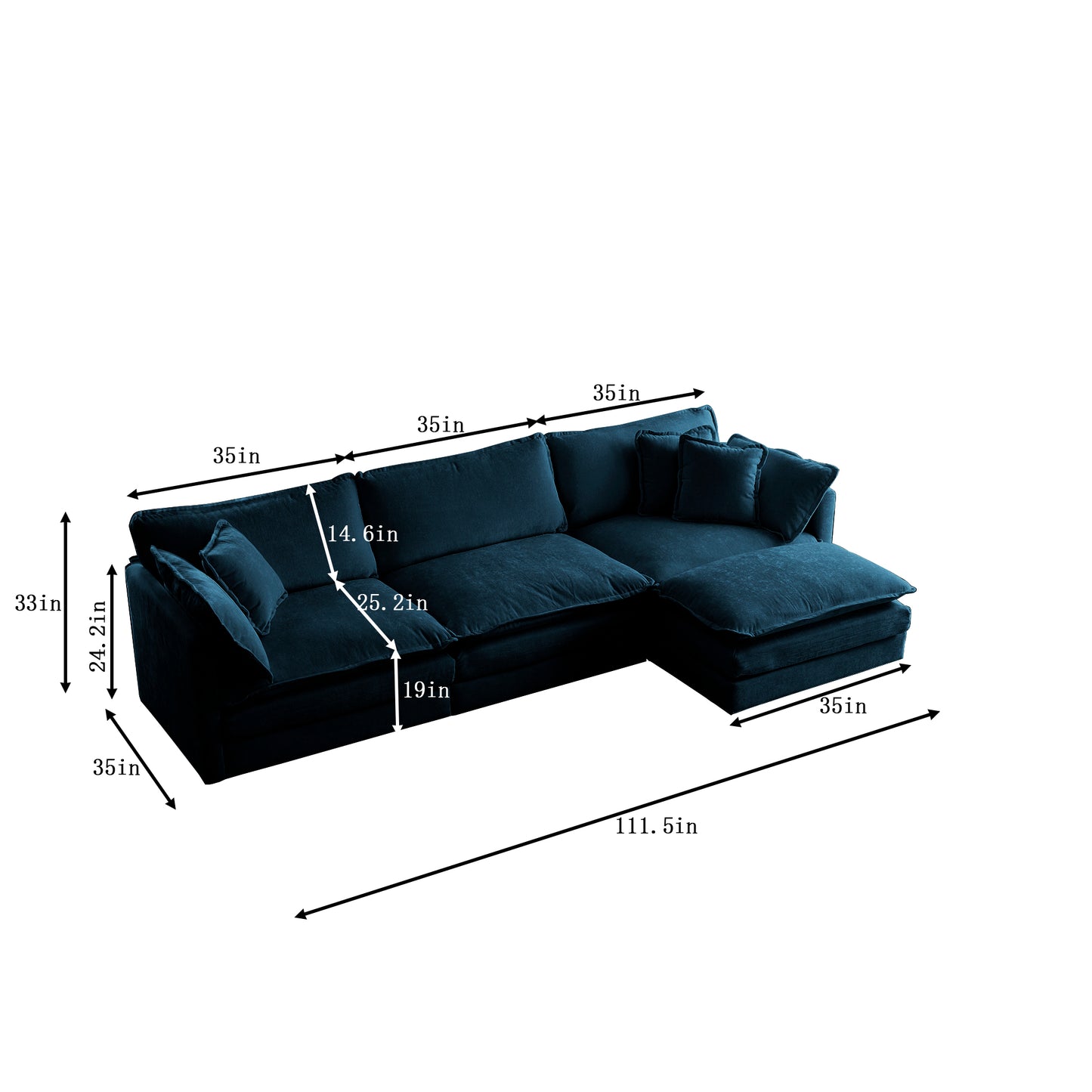 Free Combination Comfy Upholstery Modular Oversized L Shaped Sectional Sofa With Reversible Ottoman, Blue Chenille