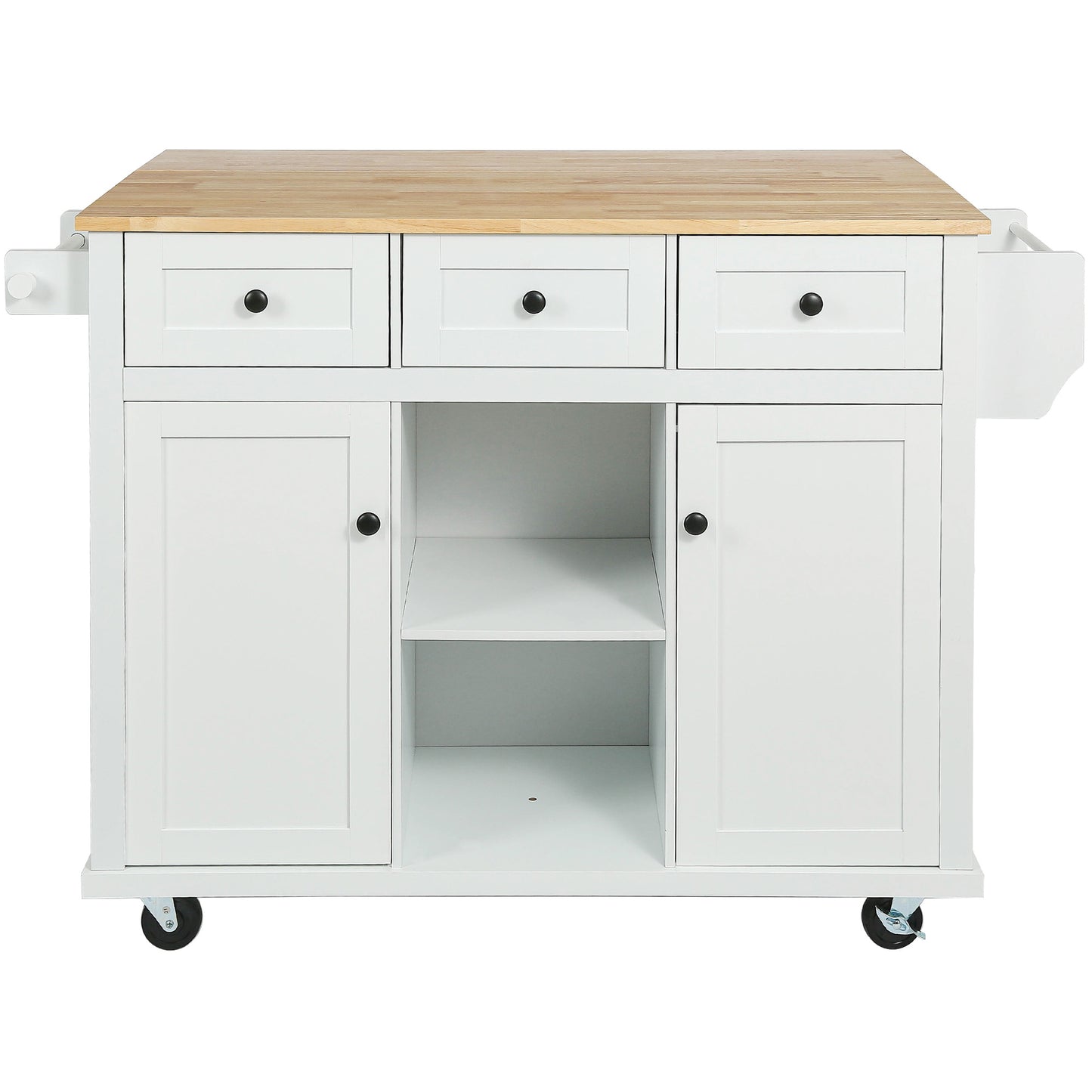 Kitchen trolley with rubber wood leaf countertop, 5-wheel kitchen island, storage cabinet and 3 dining drawers, white