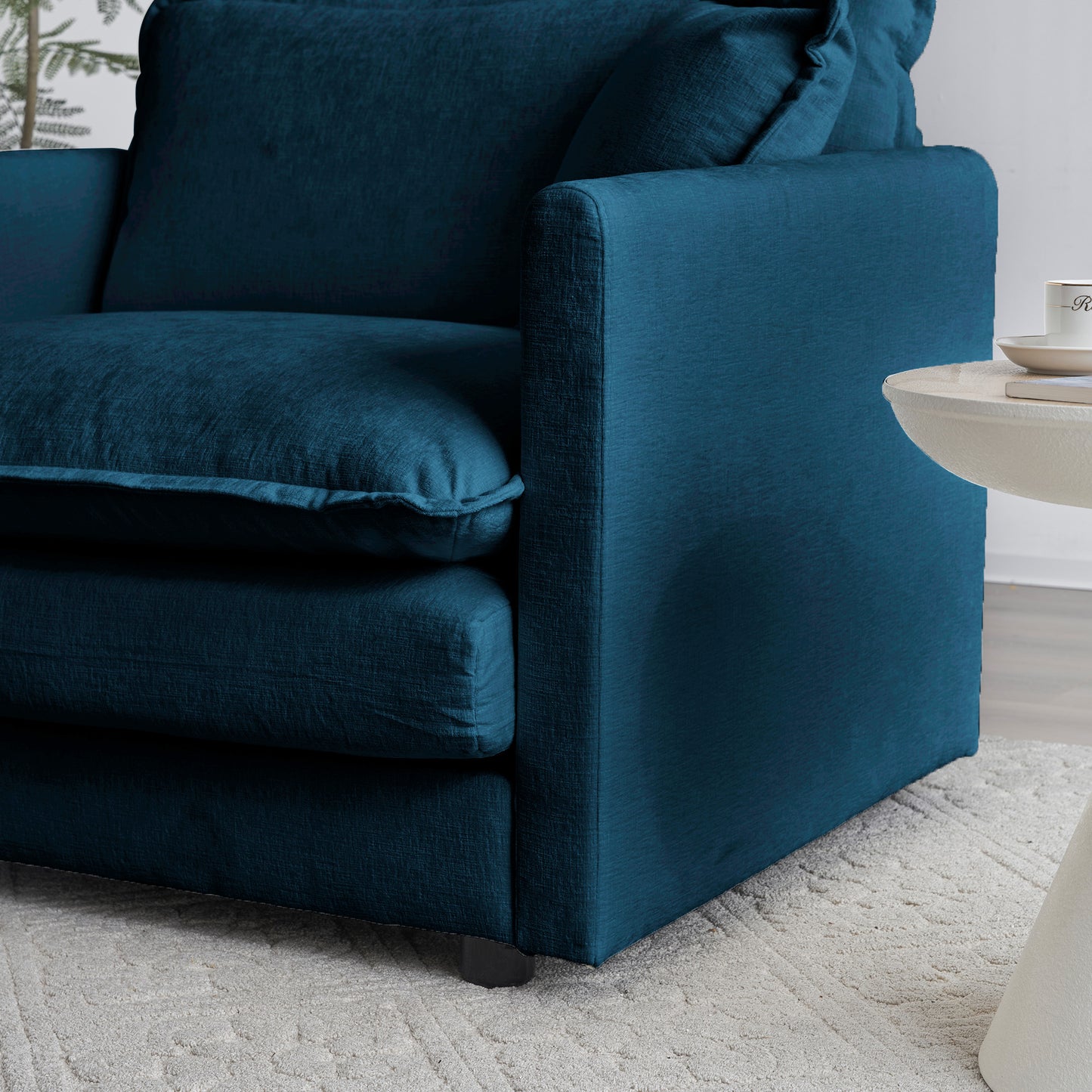 Chenille double sofa with 1 foot pedal, 2 seats L-shaped section, Ottoman style blue Chenille