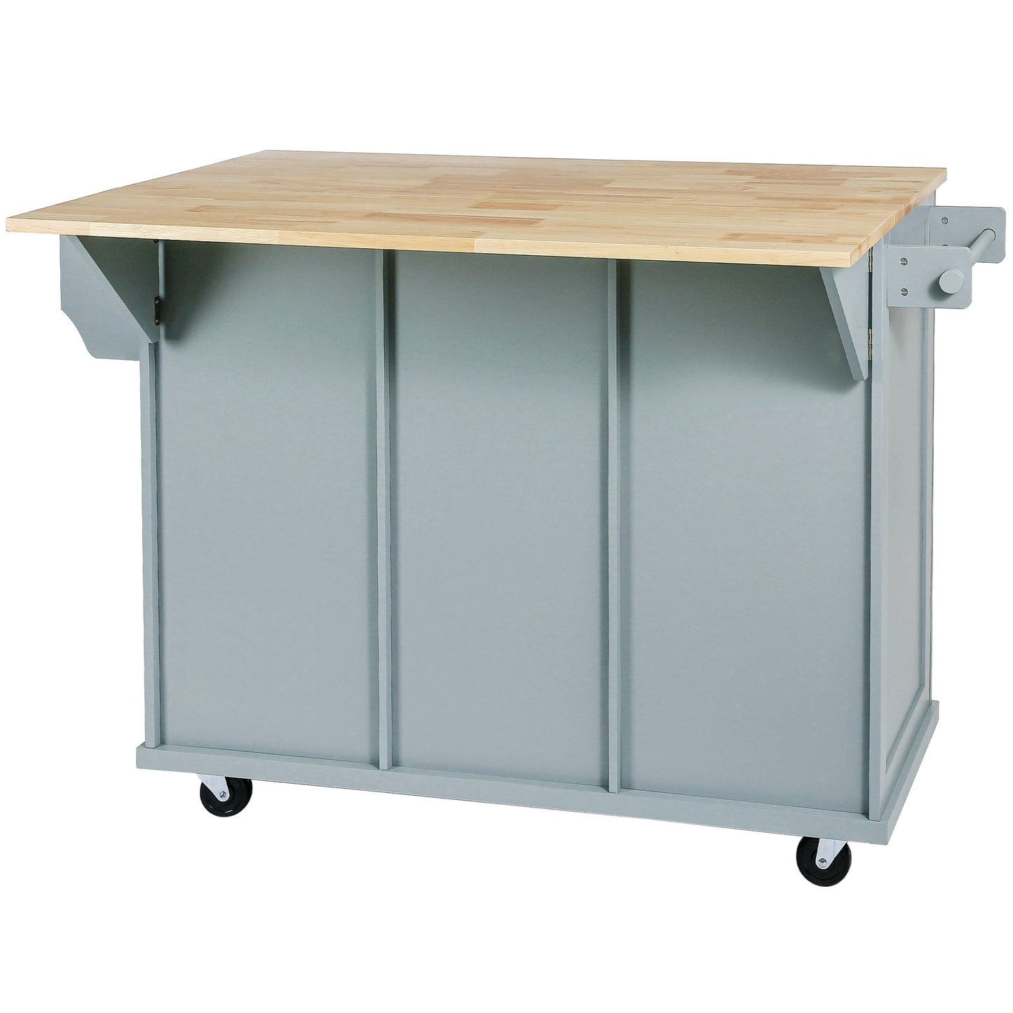 Kitchen handcart with rubber wood leaf countertop, storage cabinet, shelf, and 3 dining room drawers, gray blue