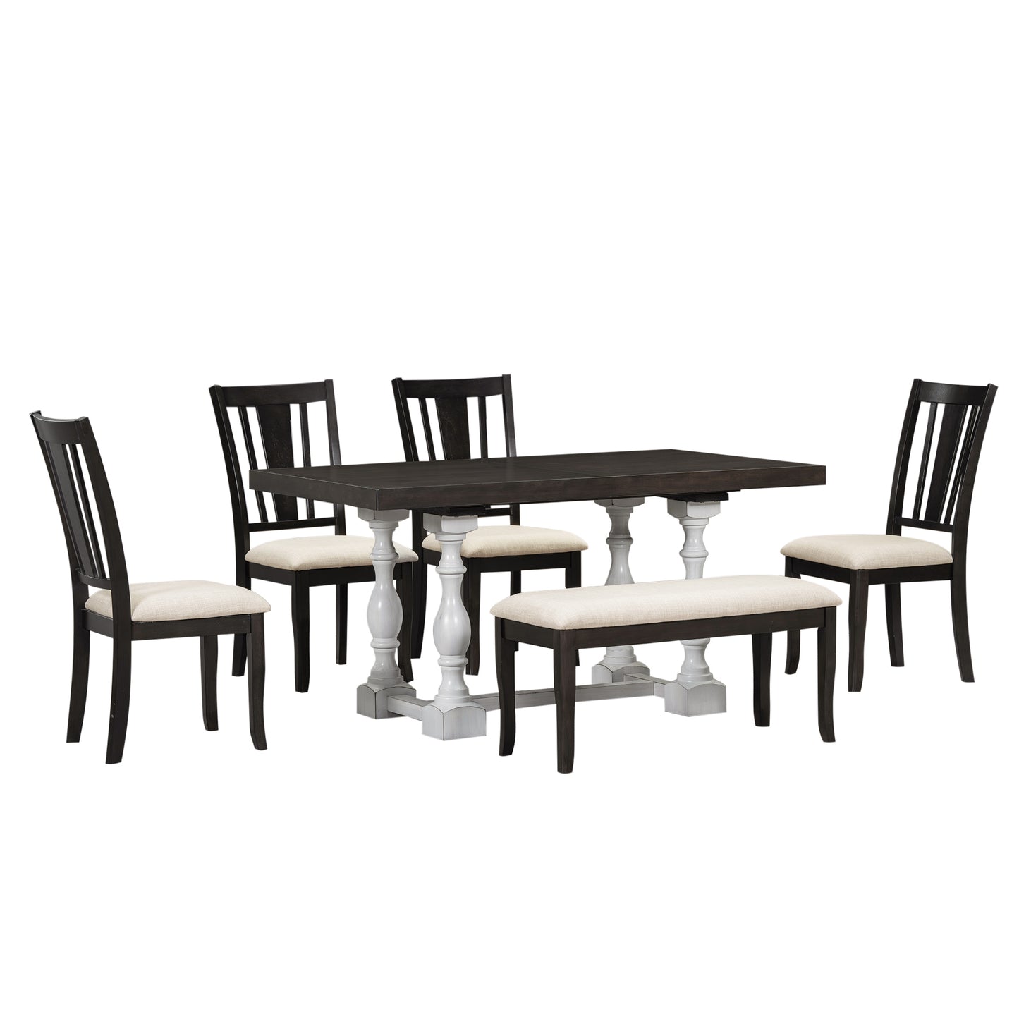 Traditional 6-Piece 78inch Trestle Extendable Dining Table Set with One 18inch Removable Leaf Distressed White