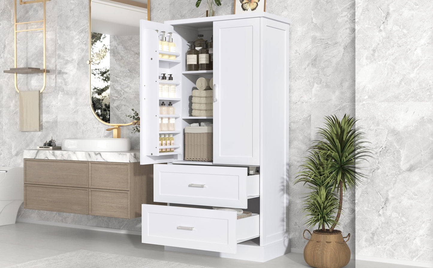 Tall Bathroom Storage Cabinet, Cabinet with Two Doors and Drawers, Adjustable Shelf, MDF Board, White