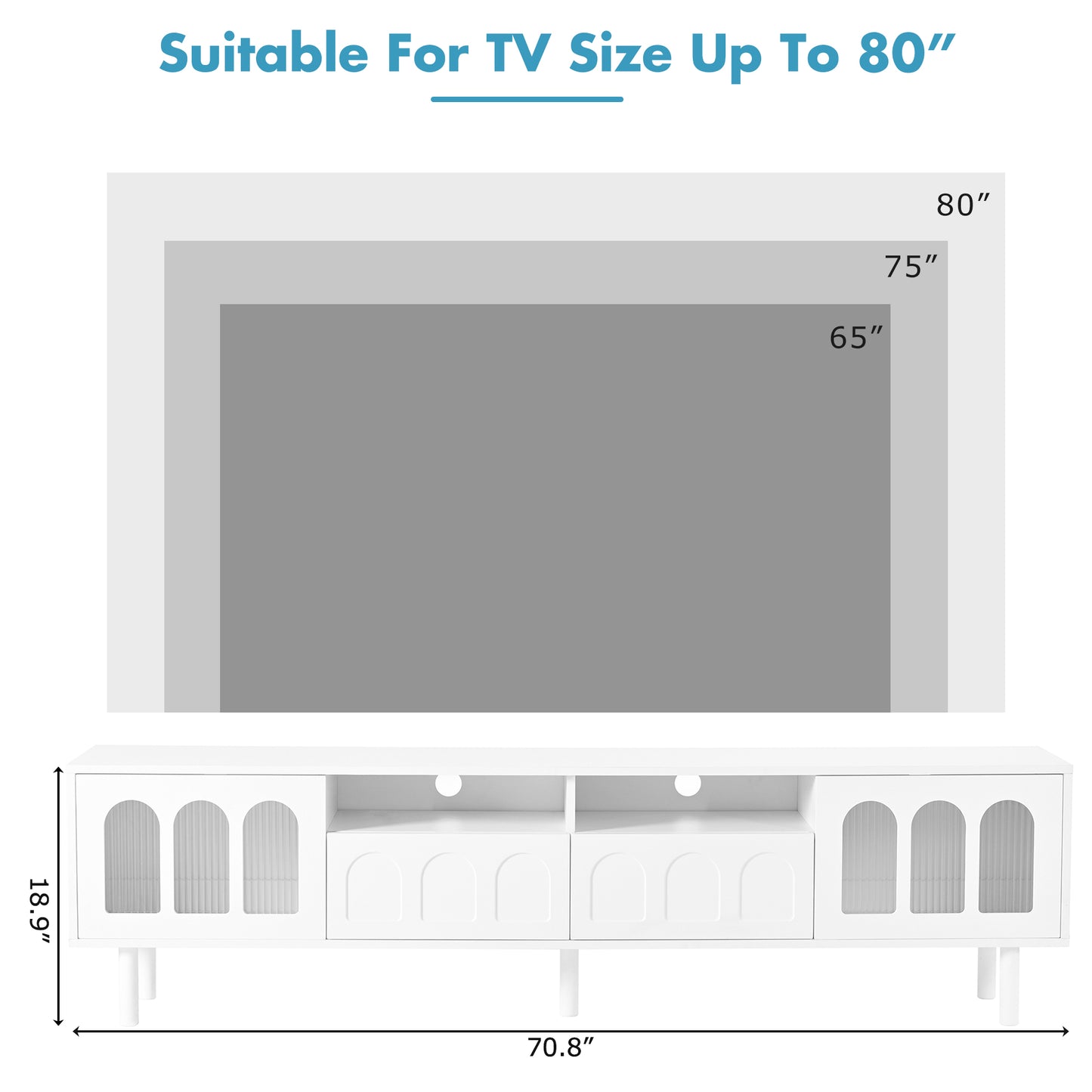 ON-TRANS cream colored TV stand with LED light strip, suitable for 80 inch TV storage console with tempered glass door, white