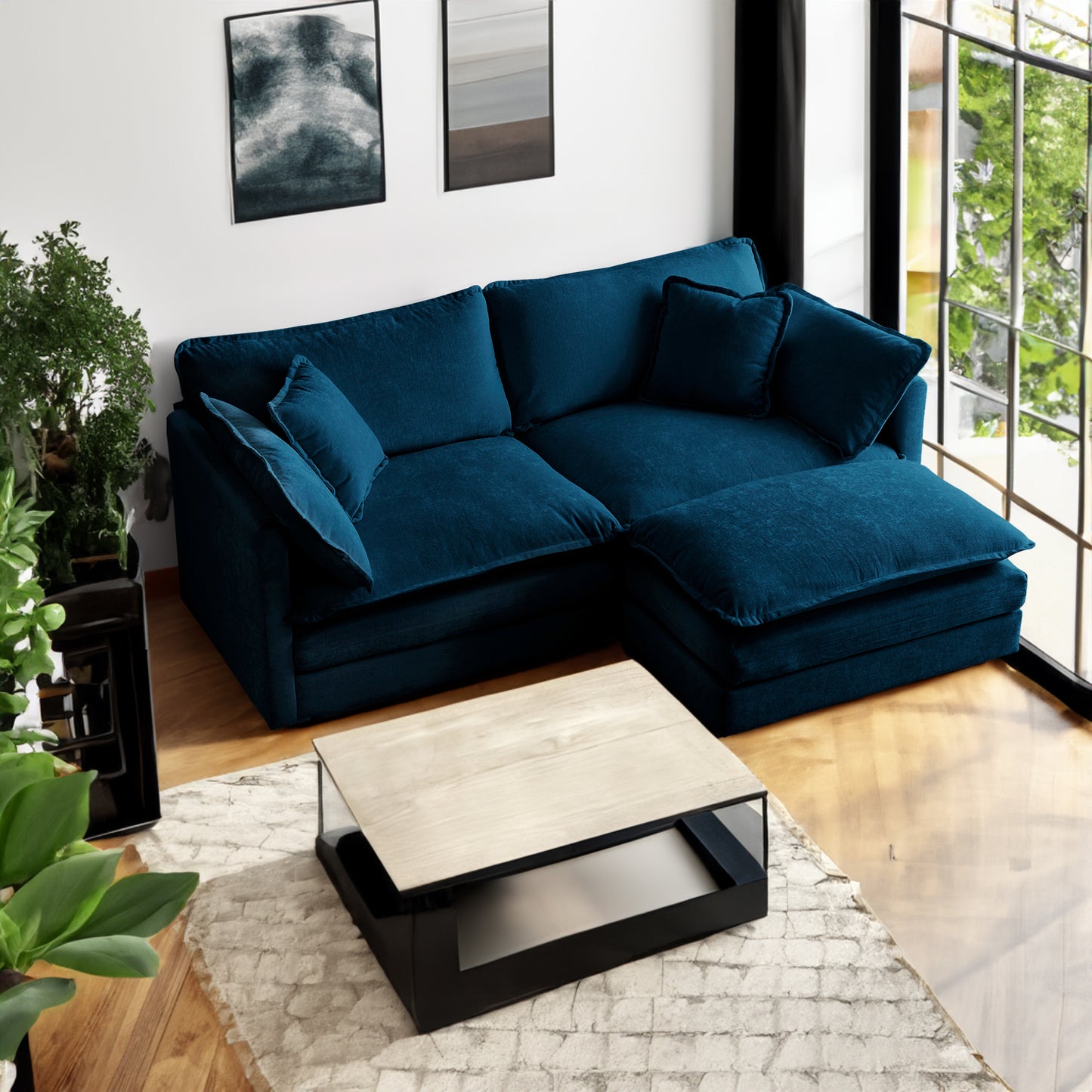 Chenille double sofa with 1 foot pedal, 2 seats L-shaped section, Ottoman style blue Chenille