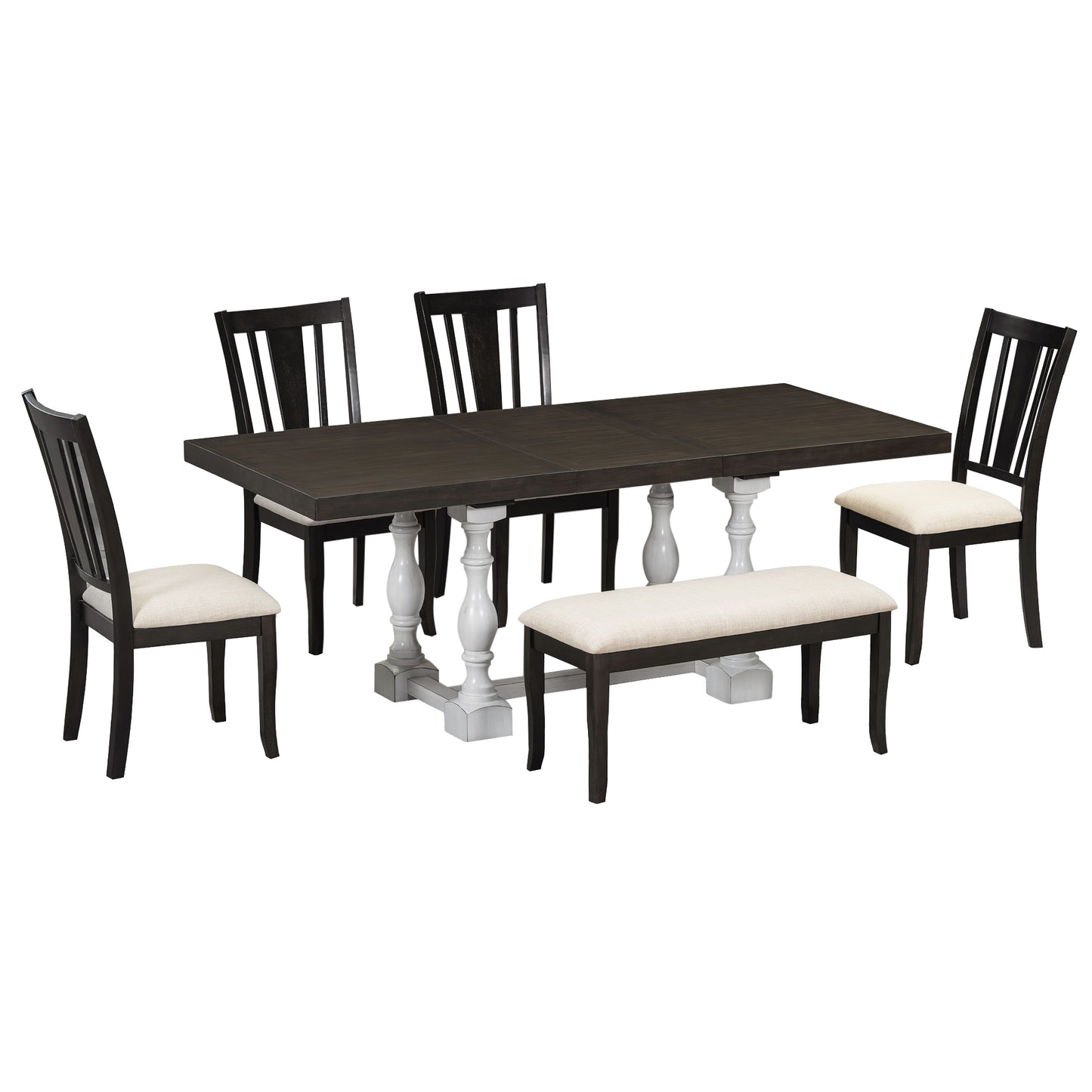 Traditional 6-Piece 78inch Trestle Extendable Dining Table Set with One 18inch Removable Leaf Distressed White