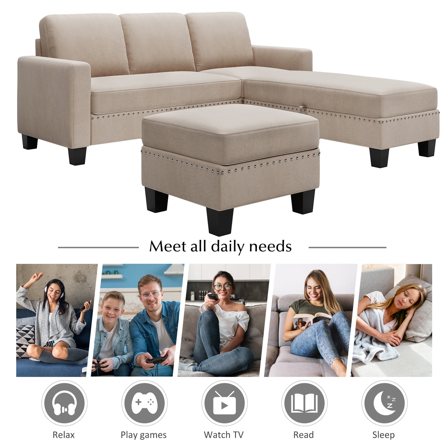 81.1*76.3*35" Reversible Sectional Couch with Storage Ottoman L-Shaped Sofa Warm Grey