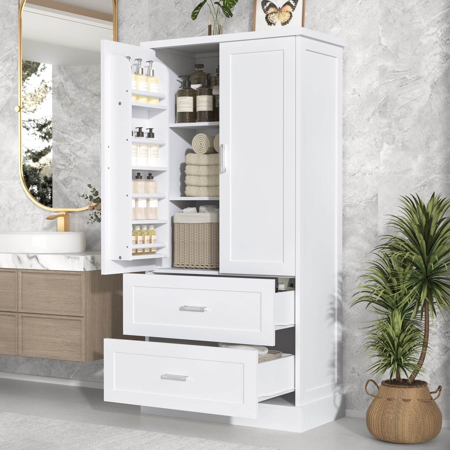 Tall Bathroom Storage Cabinet, Cabinet with Two Doors and Drawers, Adjustable Shelf, MDF Board, White