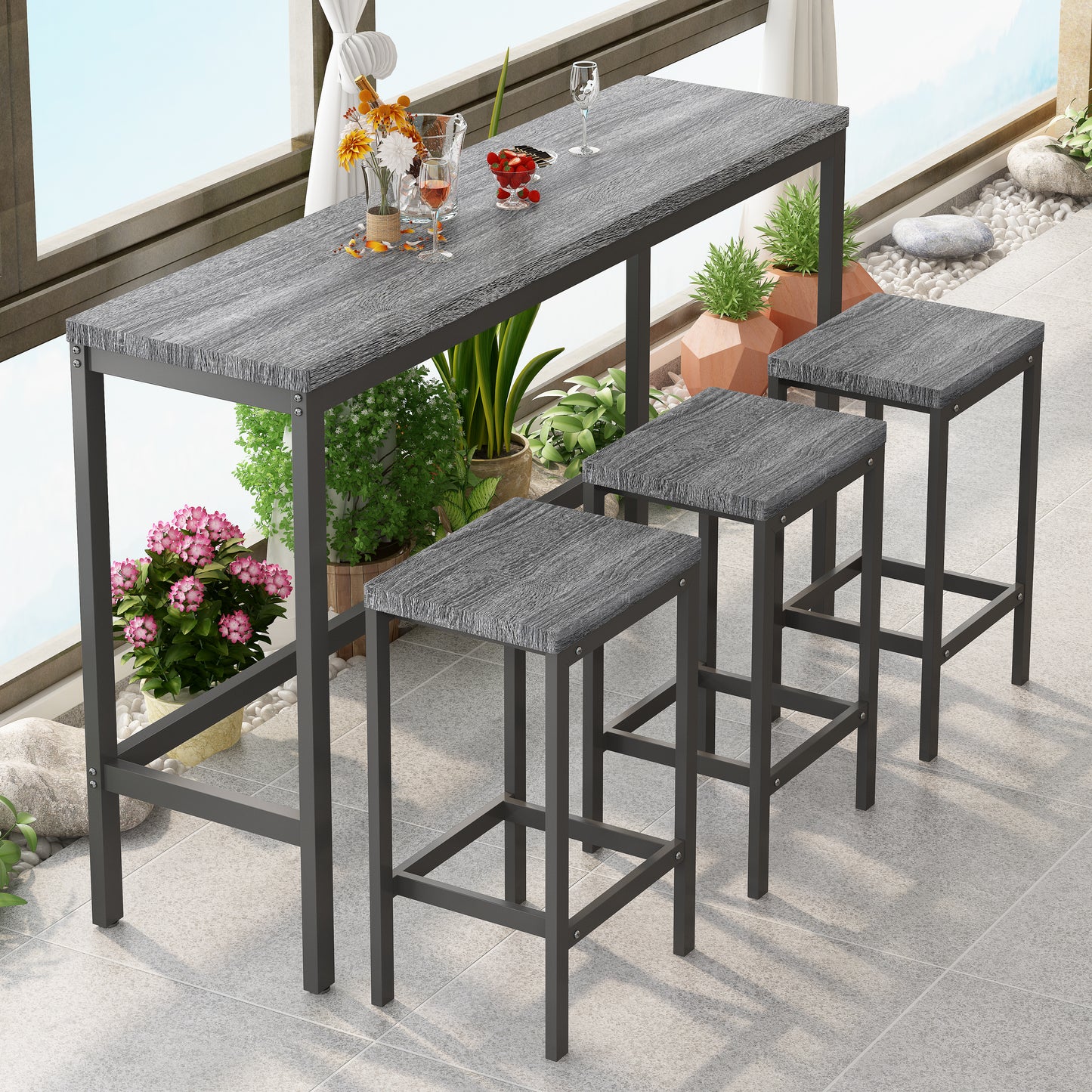 Modern Design Kitchen Dining Table Pub Table Long Dining Table Set with 3 Stools Easy Assembly Gray