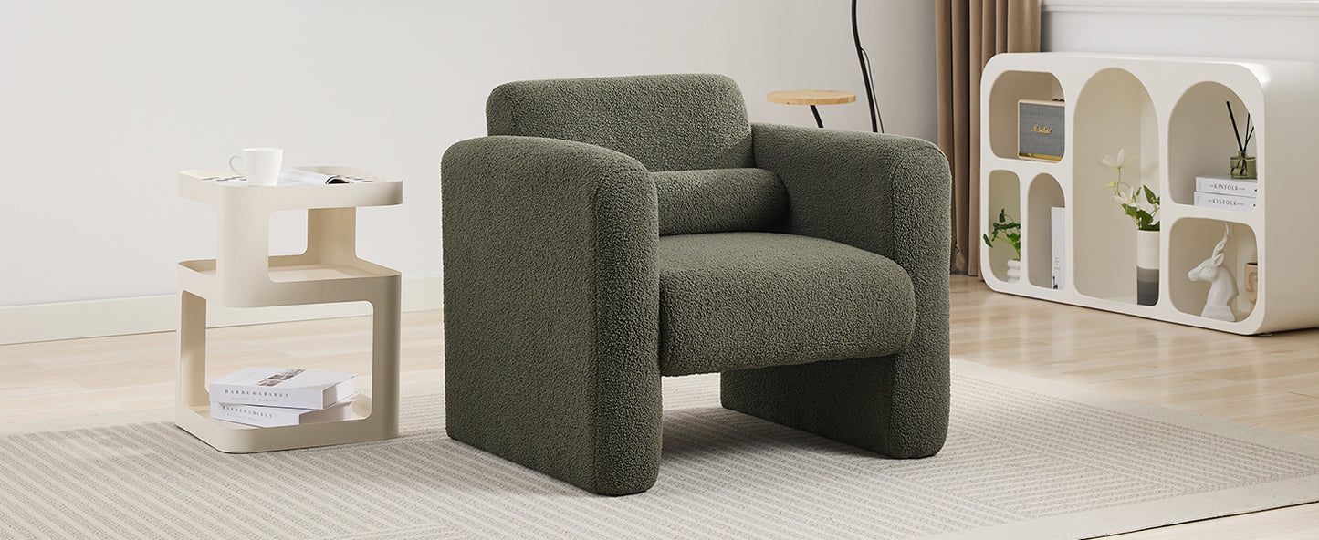 Modern style chair with sheepskin Sherpa fabric soft cushion, comfortable armchair, soft with backrest and pillow, seaweed green