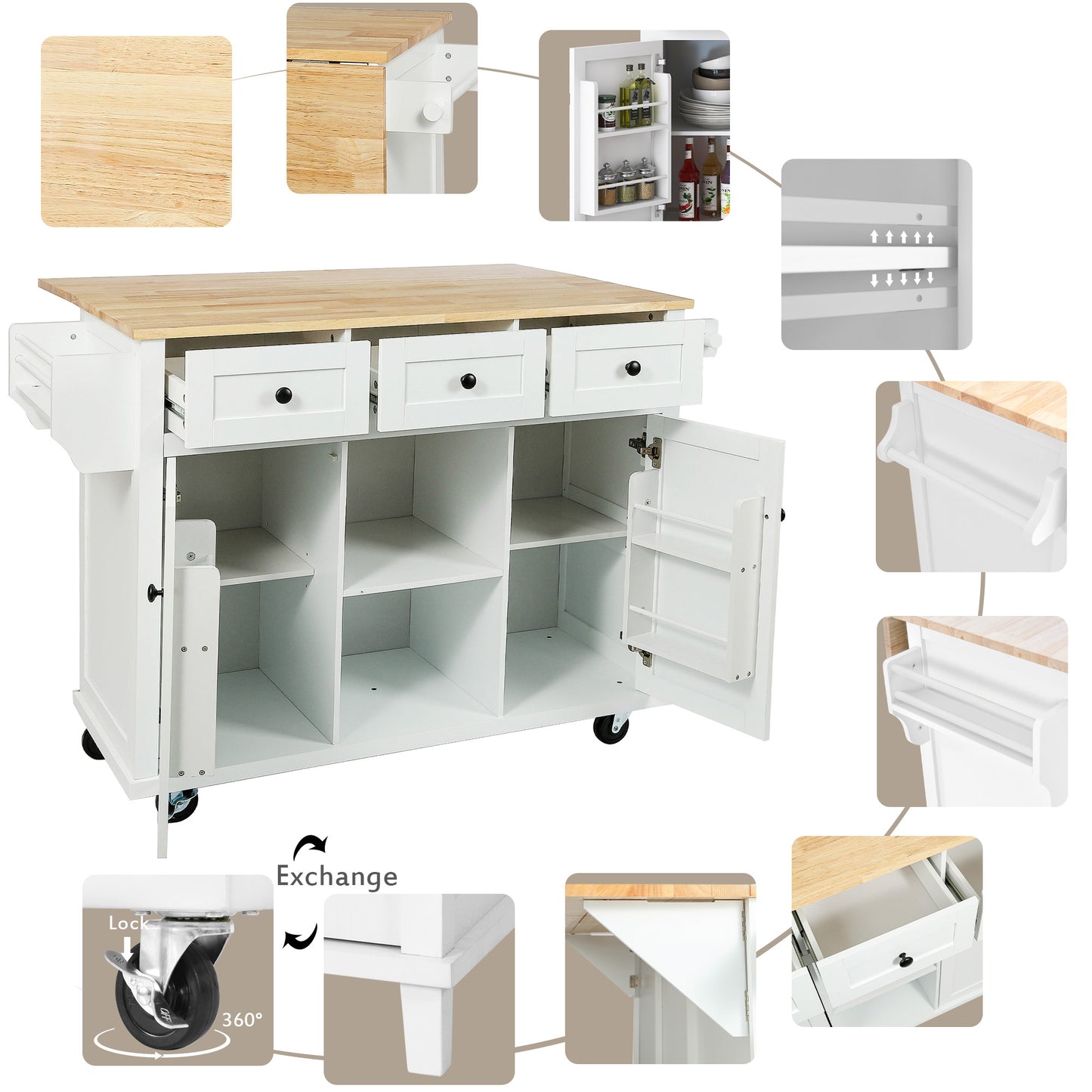 Kitchen trolley with rubber wood leaf countertop, 5-wheel kitchen island, storage cabinet and 3 dining drawers, white