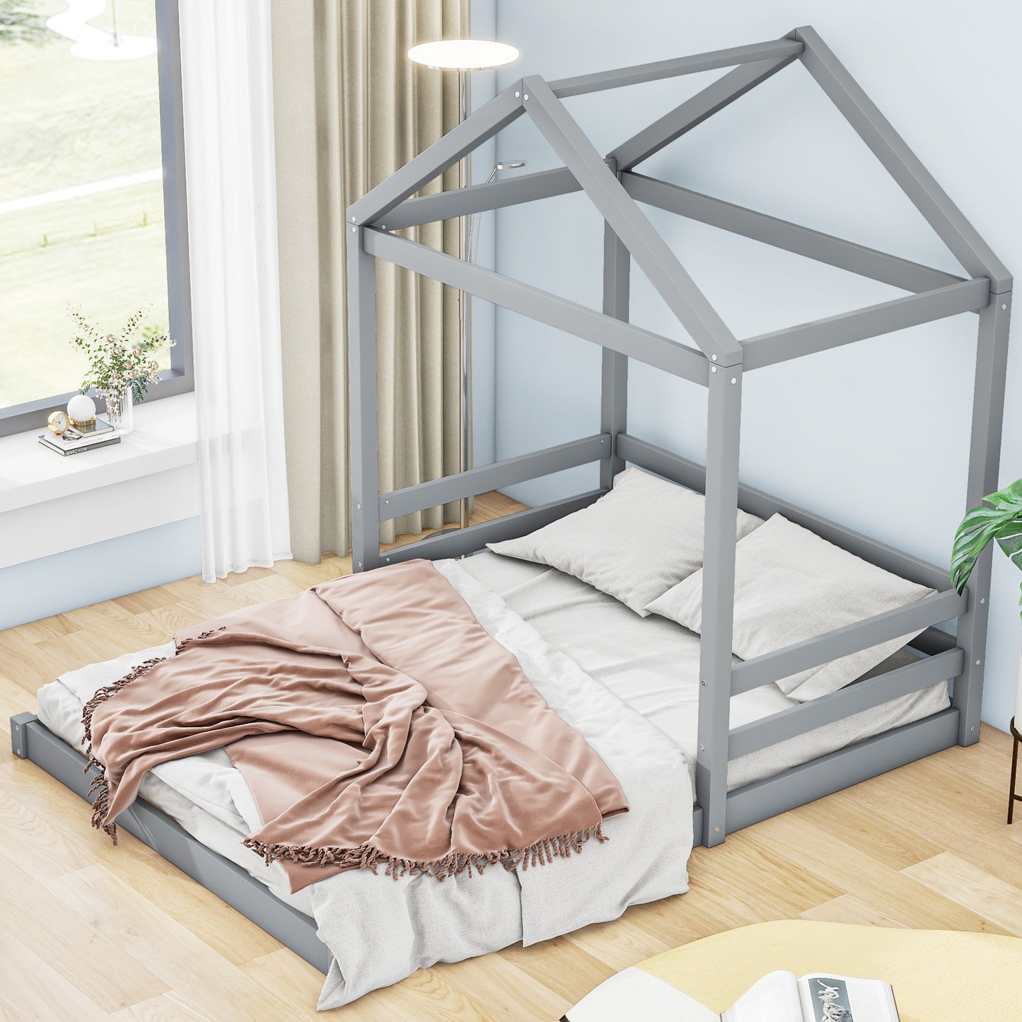 Wood Full Size House Bed with Guardrail, Grey