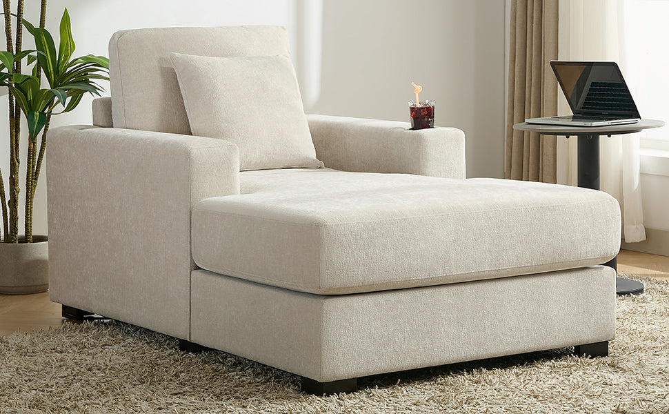 39.7" Oversized Chaise Lounger Modern Style Sofa Couch ,with Pillows, Charge Station & Cup Holders, Chenille Fabric, Cream