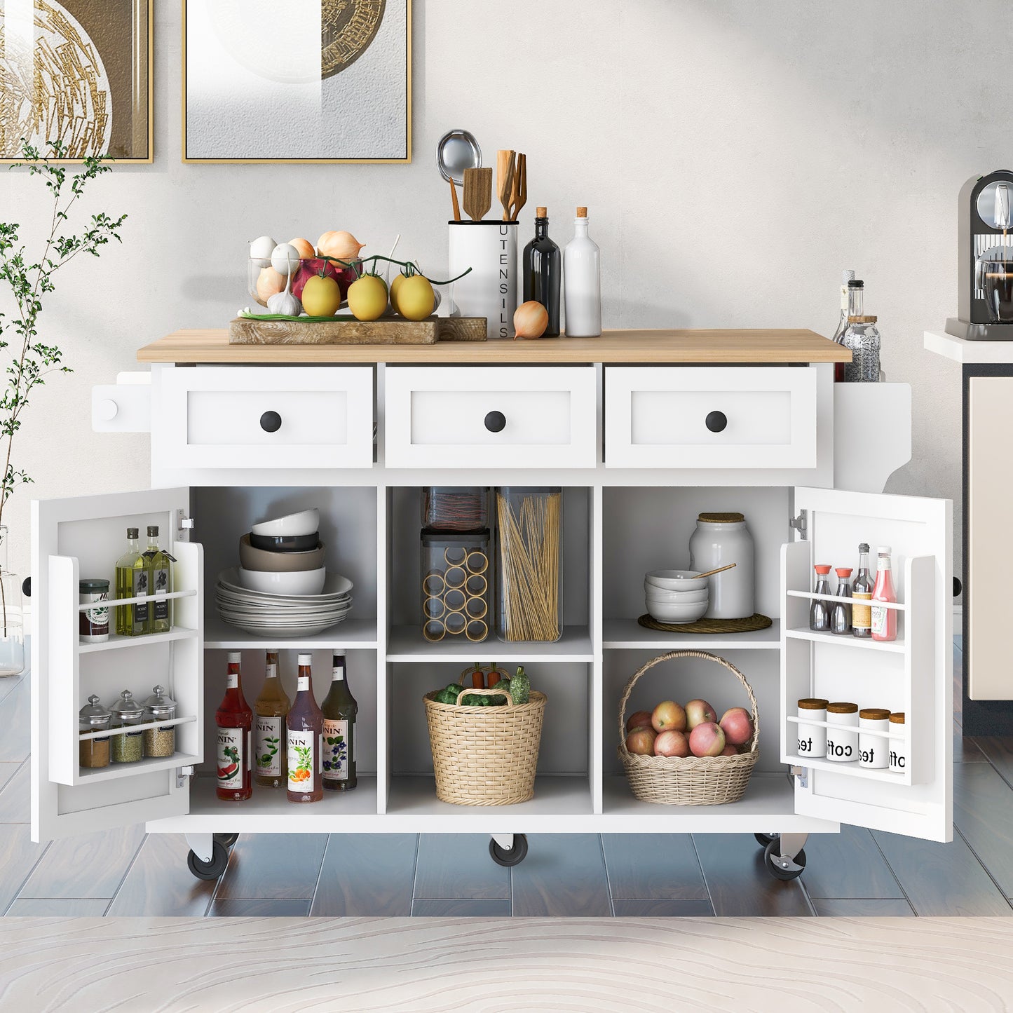 Kitchen trolley with rubber wood leaf countertop, 5-wheel kitchen island, storage cabinet and 3 dining drawers, white