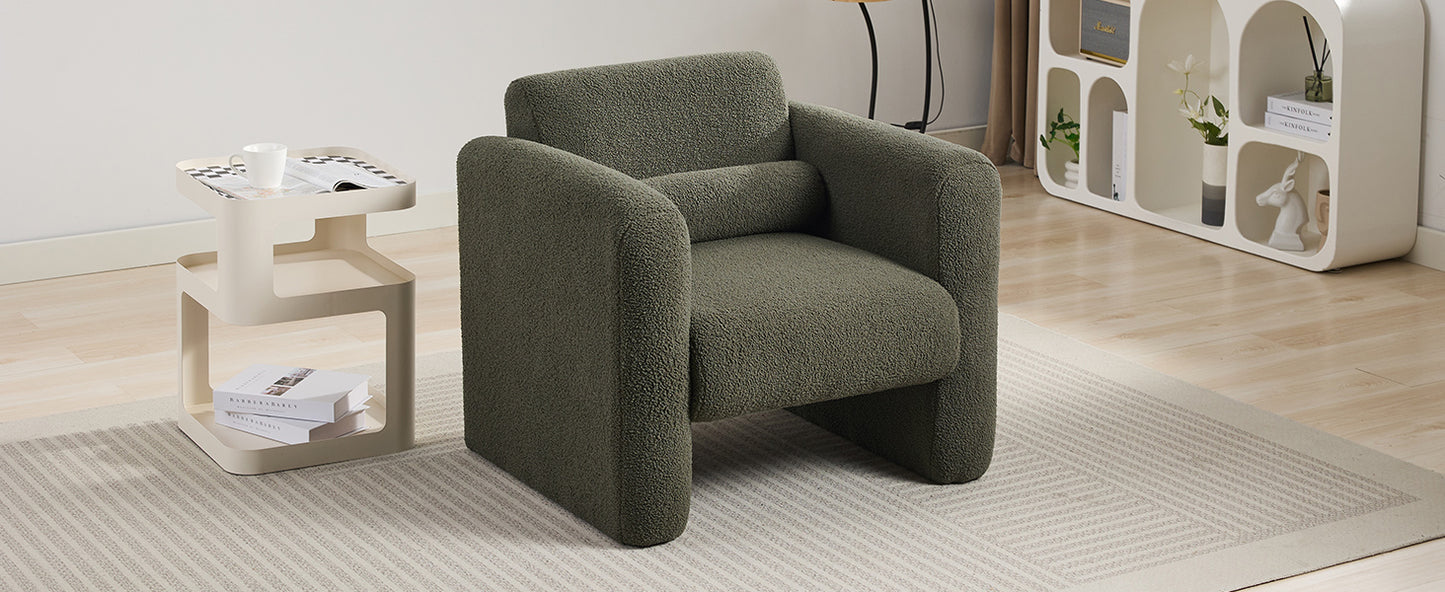 Modern style chair with sheepskin Sherpa fabric soft cushion, comfortable armchair, soft with backrest and pillow, seaweed green