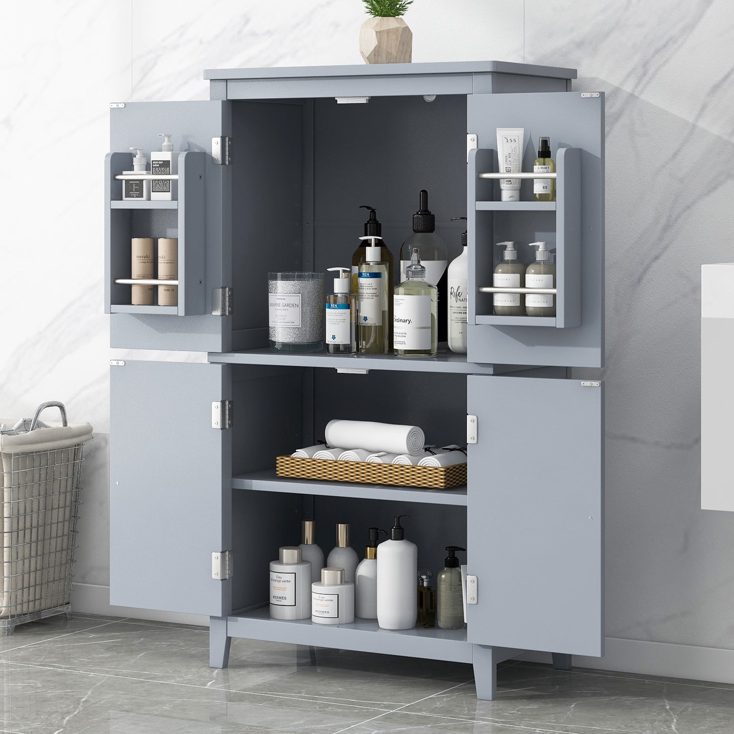 Bathroom floor storage cabinet, bathroom storage cabinet, 4-door independent cabinet, adjustable shelf, adaptive shelf, gray