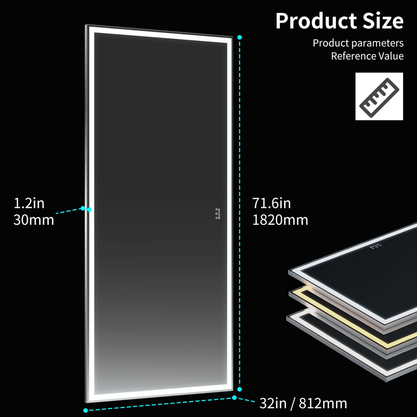 72X32 inch large LED bathroom mirror wall mounted mirror with 3 color modes, aluminum frame wall mounted light, full body mirror