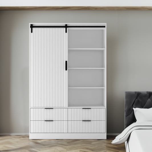 Tall Bedroom Armoire Wardrobe Closet Clothing Storage Cabinet with Hanging Rod Barn Door Drawers Open Shelves,White