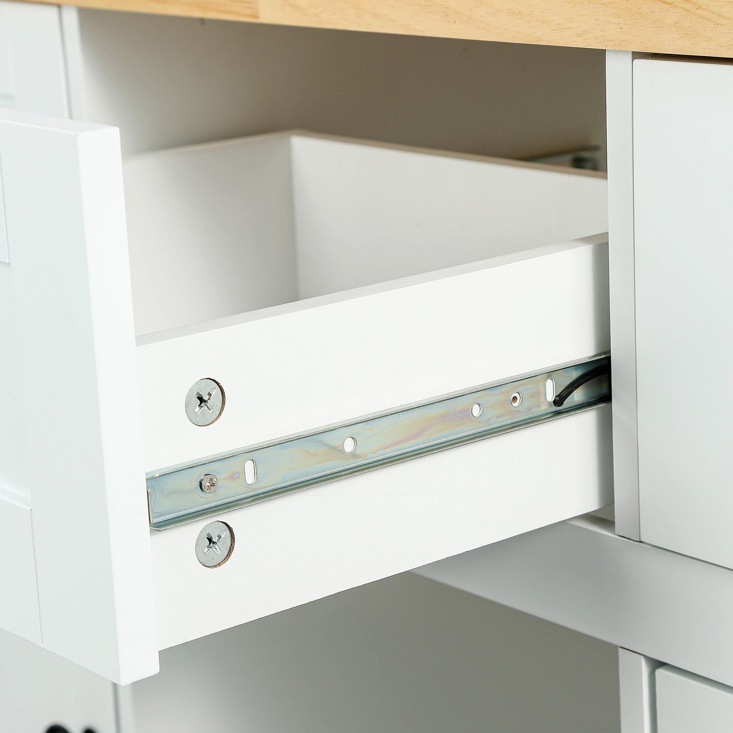 Kitchen trolley with rubber wood leaf countertop, 5-wheel kitchen island, storage cabinet and 3 dining drawers, white