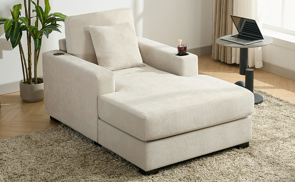 39.7" Oversized Chaise Lounger Modern Style Sofa Couch ,with Pillows, Charge Station & Cup Holders, Chenille Fabric, Cream