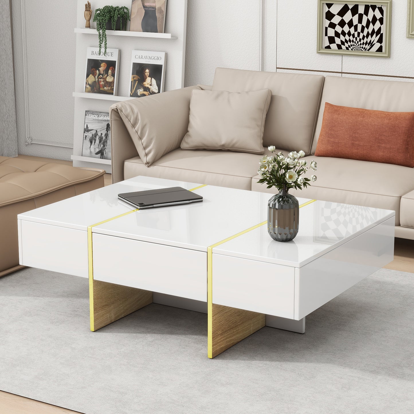 ON-TRANS 47.2 inch x 31.4 inch multifunctional rectangular sofa table with 2 drawers and gold wood grain leg center table, white