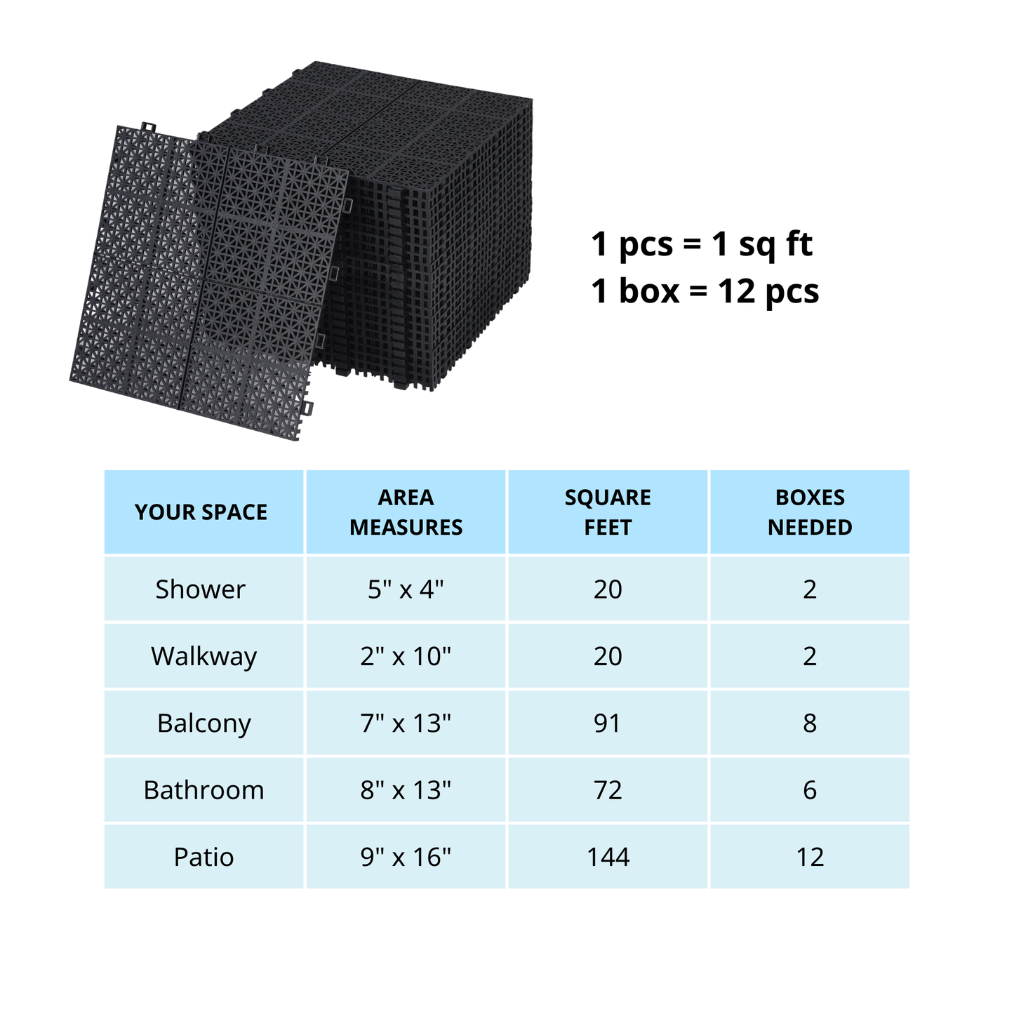 12 x 12 inch black interlocking deck tiles, plastic waterproof, weighing up to 6613 pounds, with a rose pattern pack of 12