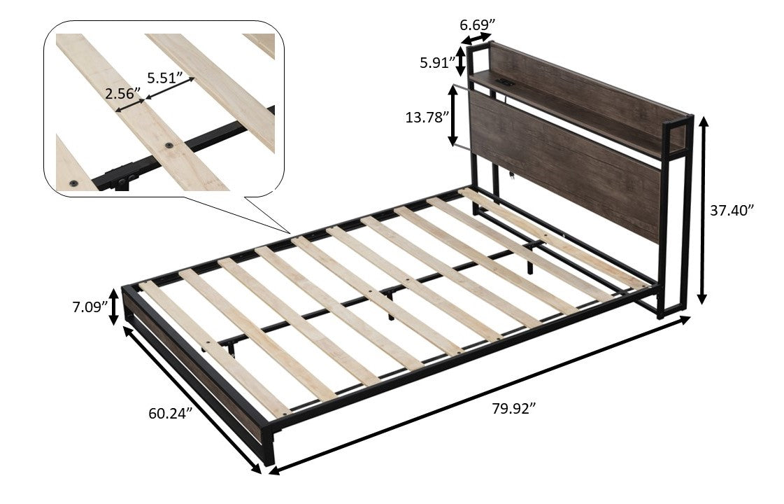 Platform Queen Bed with Socket Fast Assemble Design