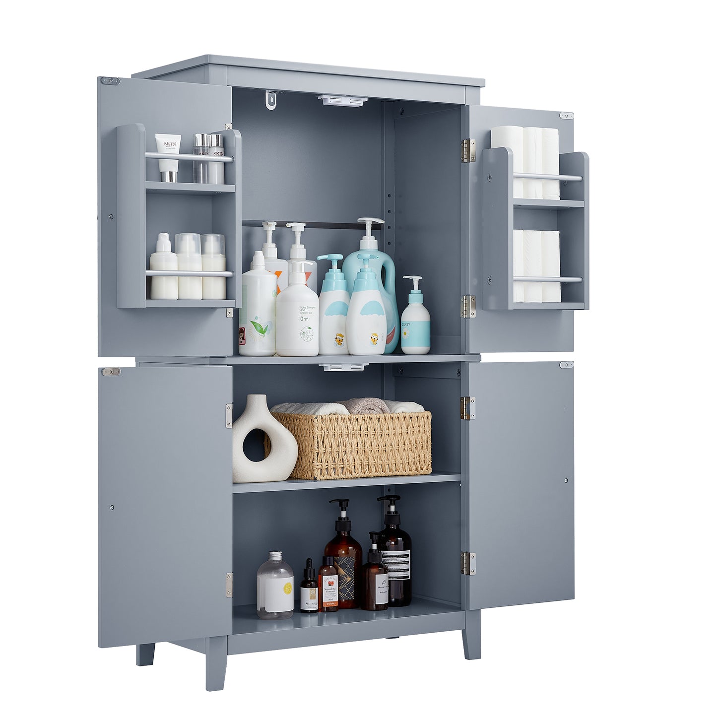 Bathroom floor storage cabinet, bathroom storage cabinet, 4-door independent cabinet, adjustable shelf, adaptive shelf, gray