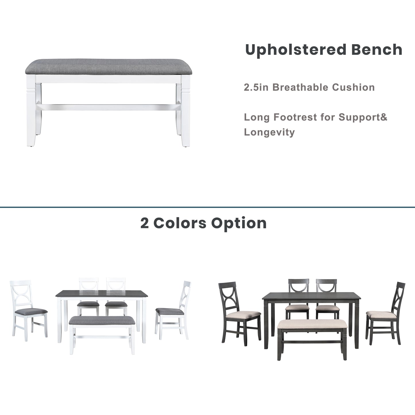 TOPMAX 6-Piece Wood Dining Table Set Kitchen Table Set with Upholstered Bench and 4 Dining Chairs, Farmhouse Style Gray+White