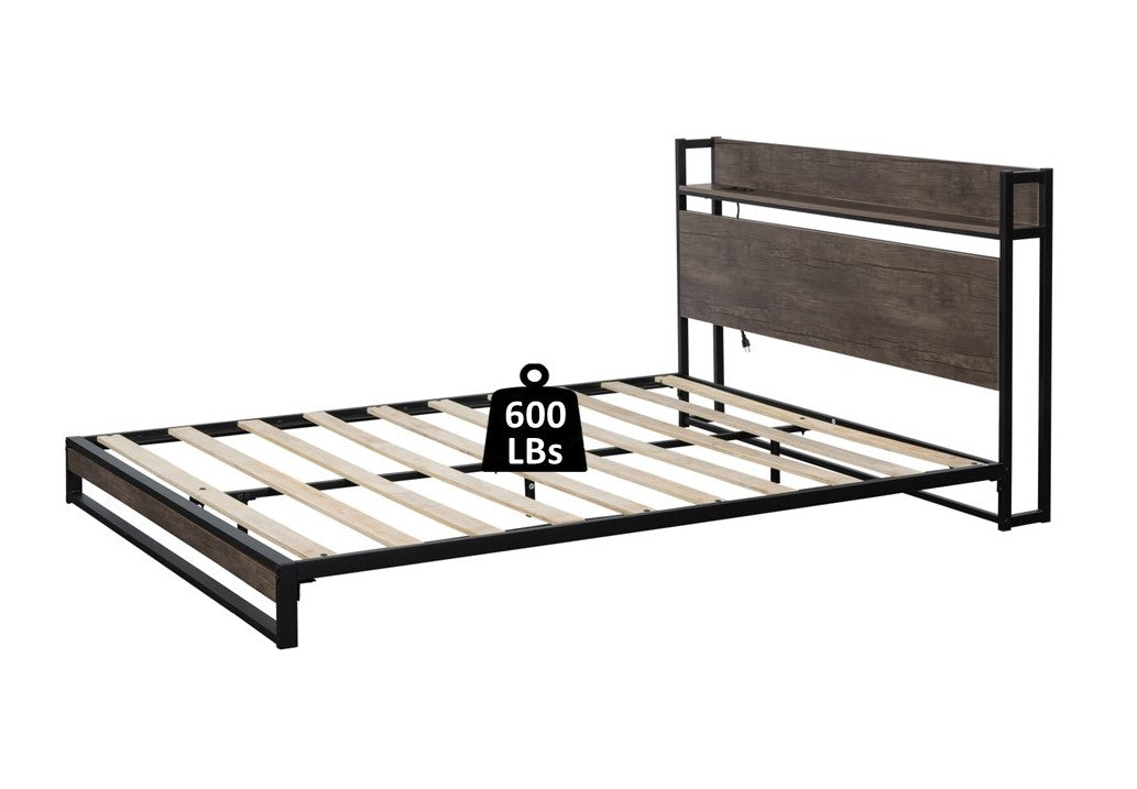 Platform Queen Bed with Socket Fast Assemble Design