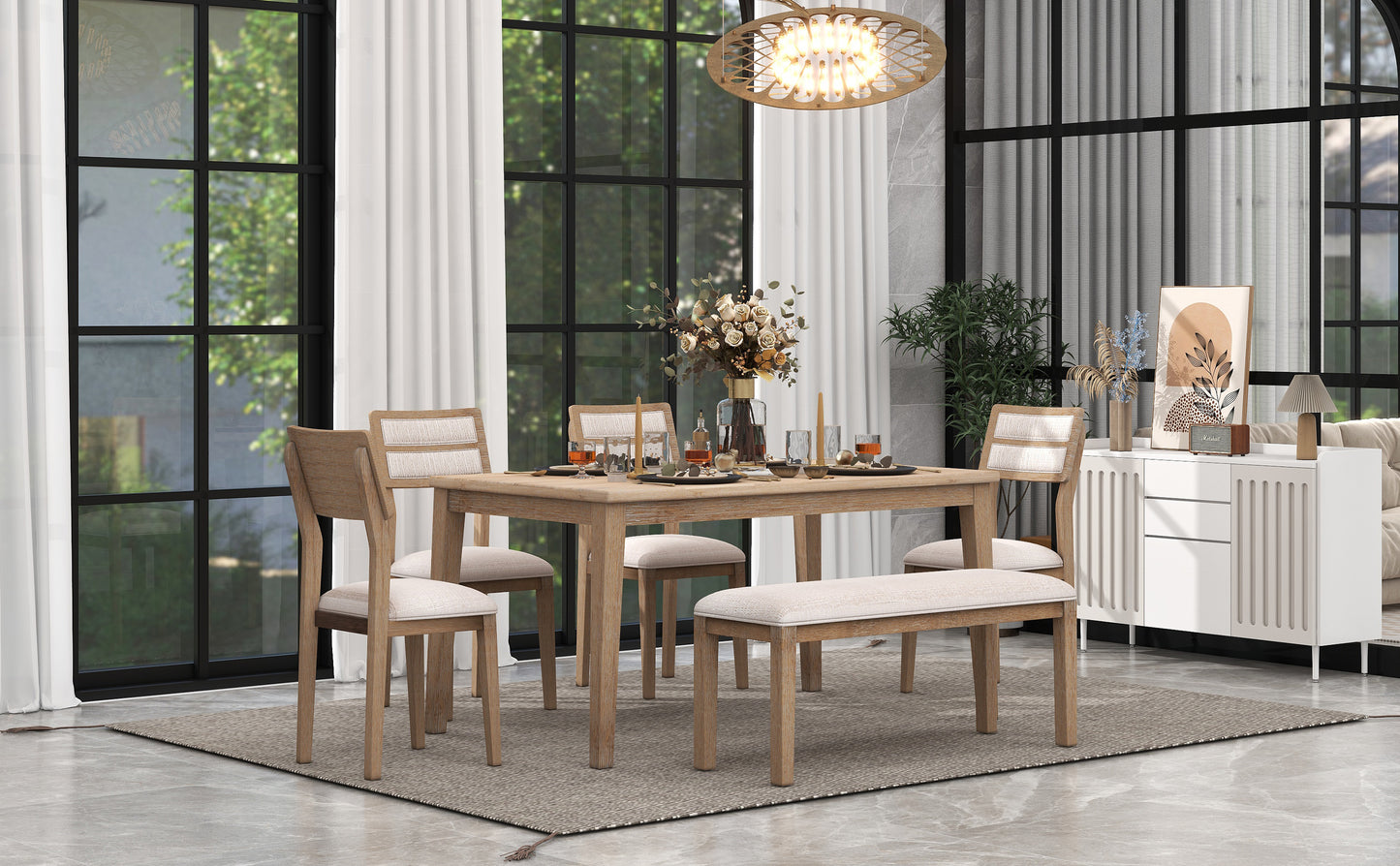 TREXM Classic and Traditional Style 6 - Piece Dining Set, Includes Dining Table, 4 Upholstered Chairs & Bench (Natural Wood Wash）