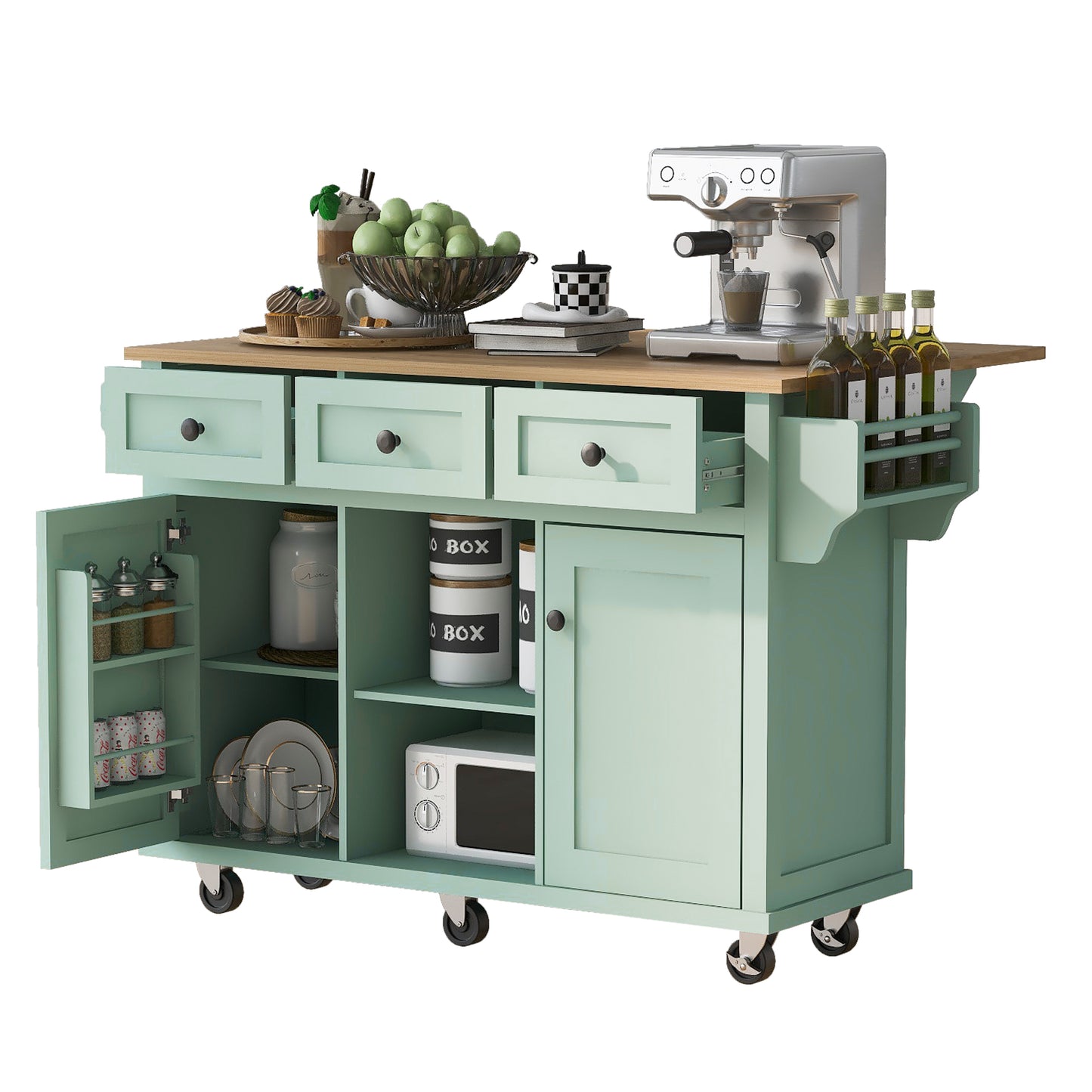 Kitchen trolley, cabinet door internal storage rack with storage cabinet and 3 dining room drawers, mint green