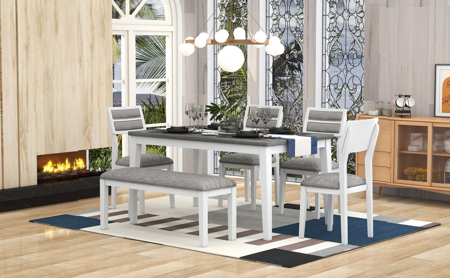 TREXM Classic and Traditional Style 6 - Piece Dining Set, Includes Dining Table  4 Upholstered Chairs & Bench (White+Gray)