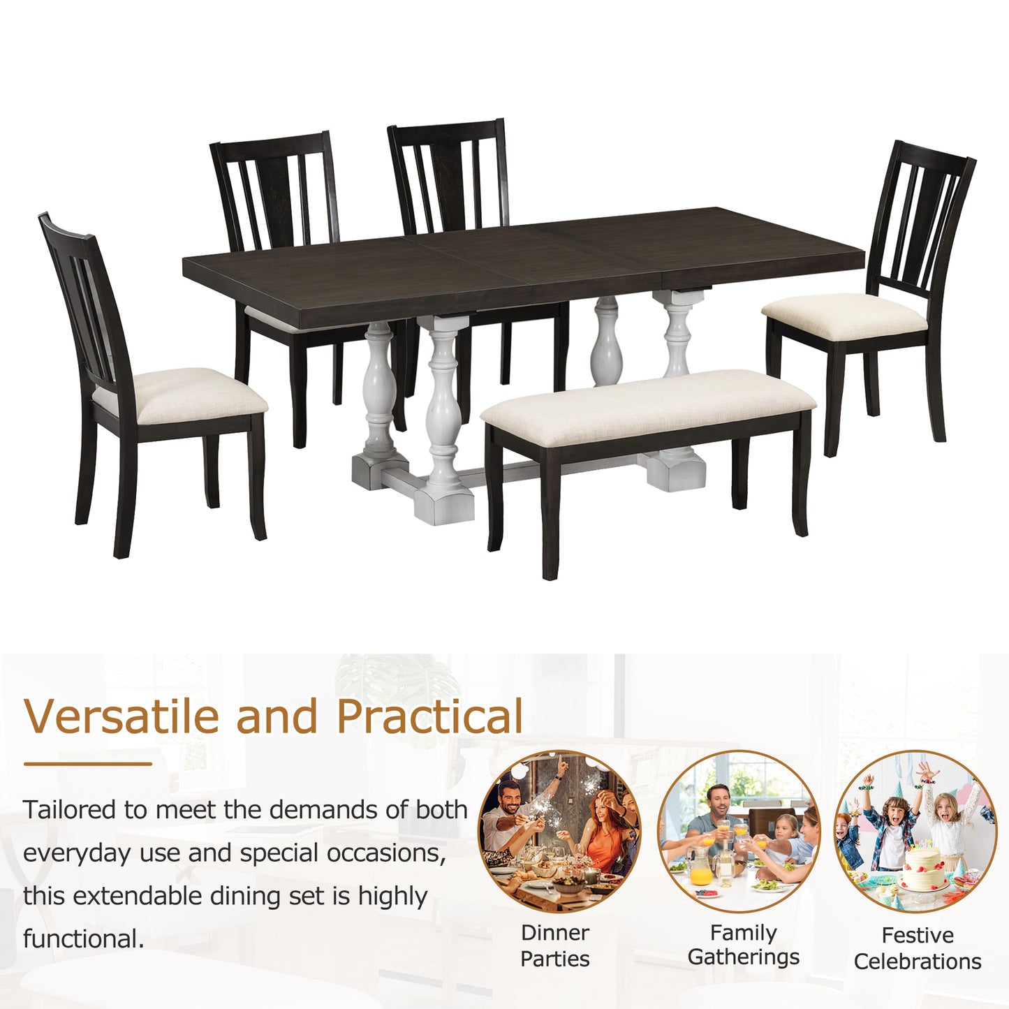 Traditional 6-Piece 78inch Trestle Extendable Dining Table Set with One 18inch Removable Leaf Distressed White