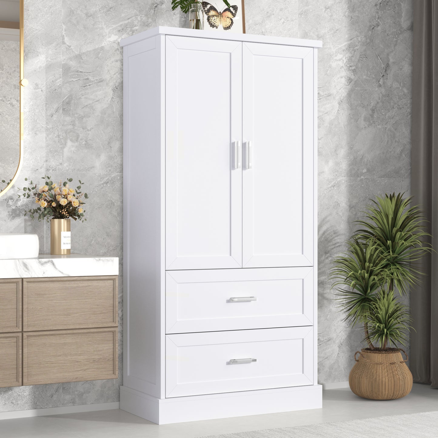 Tall Bathroom Storage Cabinet, Cabinet with Two Doors and Drawers, Adjustable Shelf, MDF Board, White