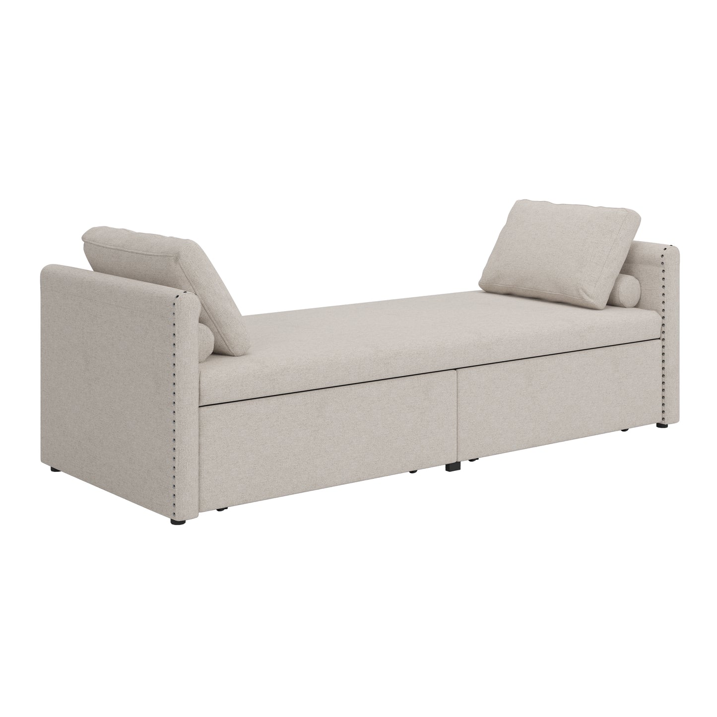 Modern cushioned lounge chair sofa bed with 2 drawers, small single sofa bed without mattress, linen, beige